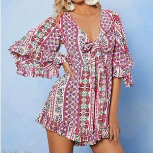 Boho Flounce Sleeve Tie Front Floral Romper